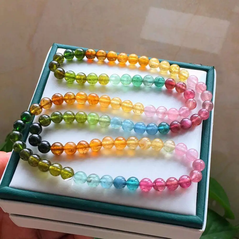 

Genuine Natural Colorful Tourmaline Crystal 5.8mm Clear Round Beads 3 Laps Bracelet Necklace Brazil Women Men AAAAA