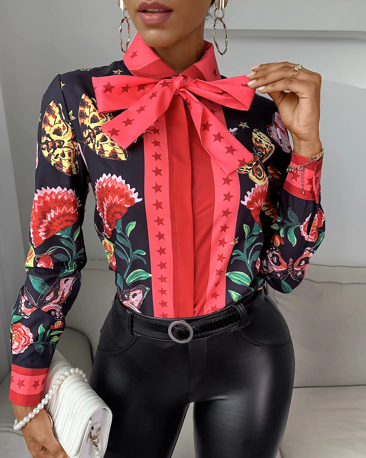 2020 Women Casual Autumn Turn-down Collar Chic Chiffon Blouse Tie Neck Floral Butterfly Print Long Sleeve Blouse Ladies Shirt womens shirts Blouses & Shirts