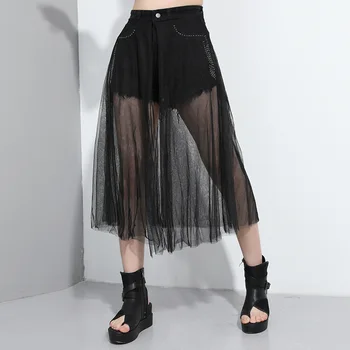 

2020 Summer Dark Series Stitching Mesh Washed Denim Fake Two-piece Jeans Woman For Women With Black Colors