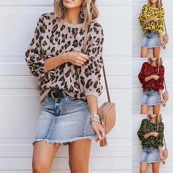 

Leopard Loose Pullovers Sweater Women O-Neck Lantern Sleeve Casual Office Lady Tops Long Sleeve Plus Size Jumper Women Spring