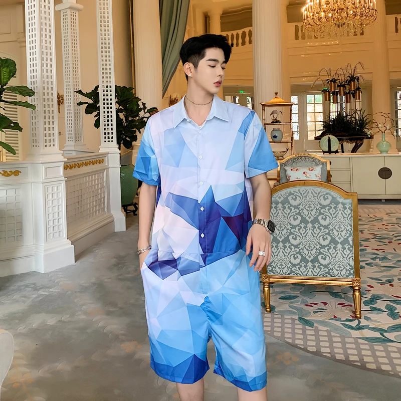 Men's Wear 2020 Summer Geometric Pattern Beach Men's Half Sleeve Shorts Overalls For Male Tide New Clothes