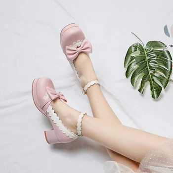 

2020 spring autumn new Women Pumps Lolita Shoes Platform High Heels Pink Mary Jane Shoes Bow Block Heel Ladies Party Shoes 31 32