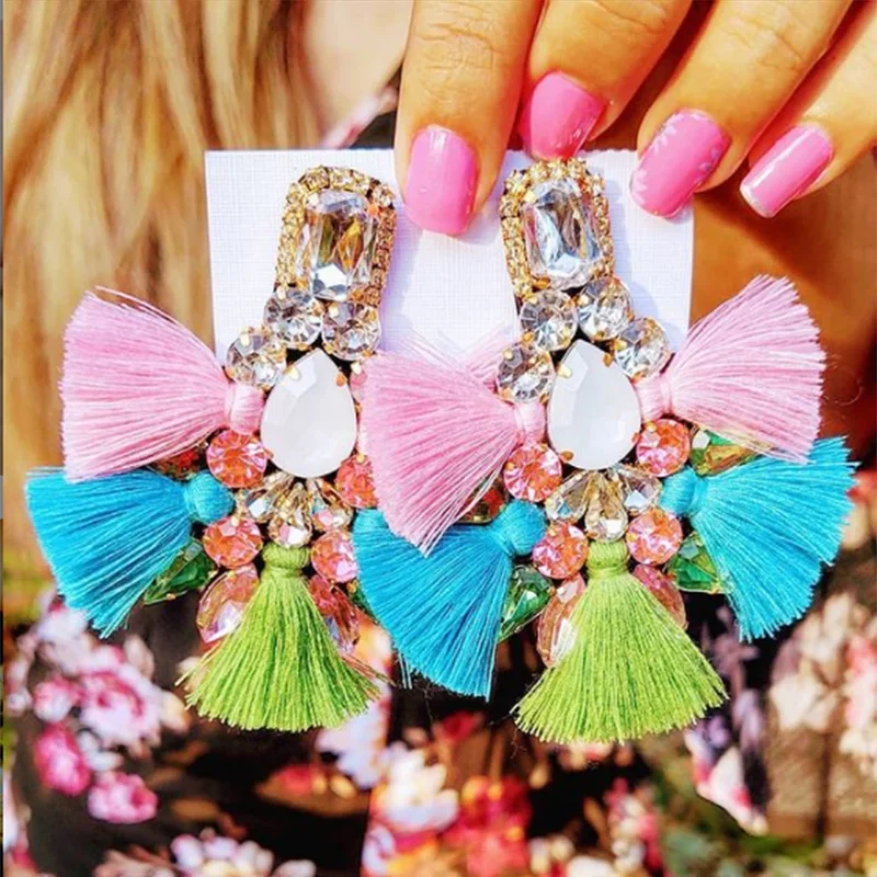 Dangle Drop Earrings Rhinestone Tassel Boho India For Women