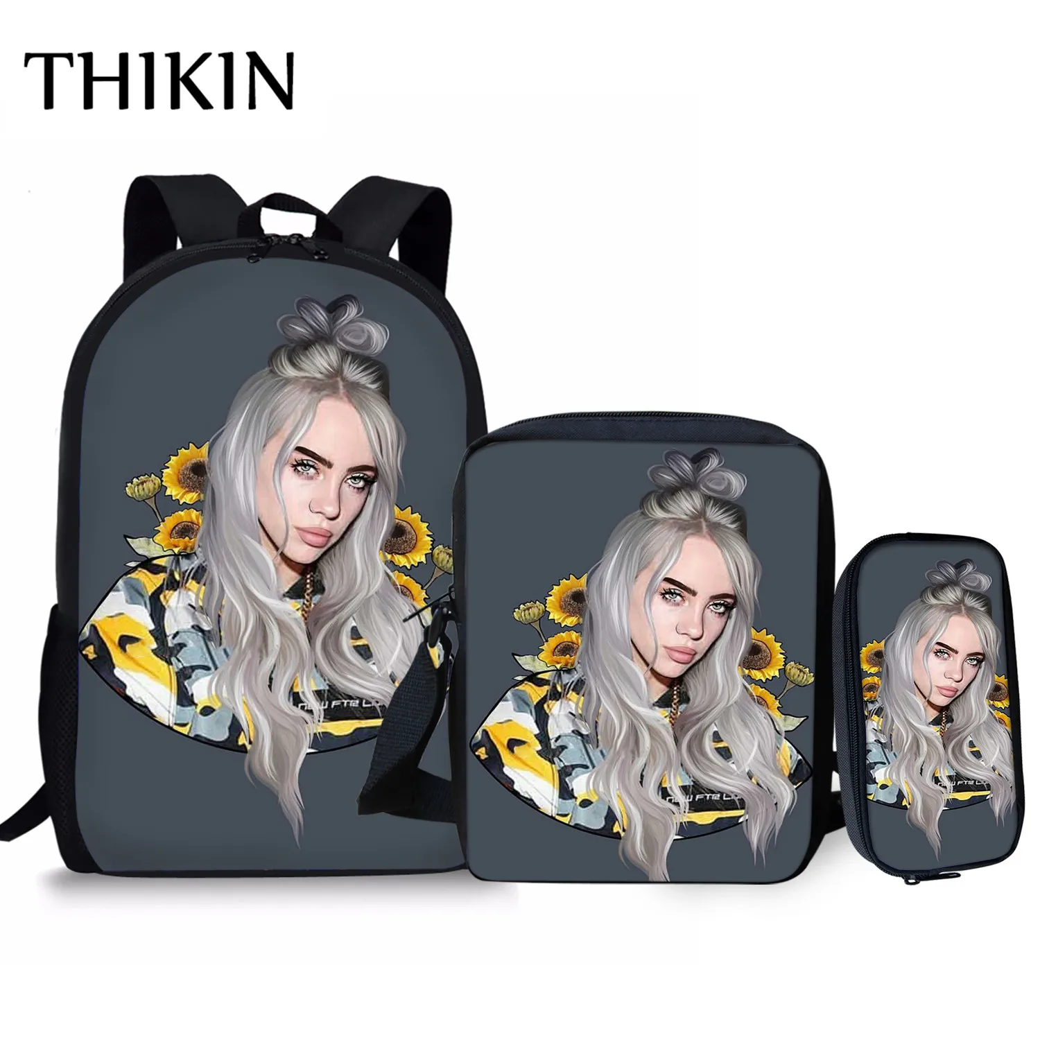 Рюкзак THIKIN Sunflower Billie Eilish с принтом, 3 шт., школьные сумки для девочек-подростков, популярная Повседневная сумка, певица, раппер, пенал