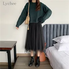 Личи Харадзюку эластичный пояс свободные женские юбки неровные сетчатые бархатные плиссированные женские юбки Повседневные весенние осенние женские юбки