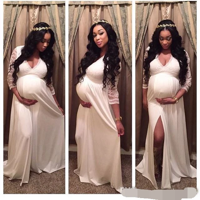 

2019 Lace Sheer 3/4 Sleeves Evening Dresses Side Split V Neck Maternity Party Baby Shower Pregnant Prom evening dress Long