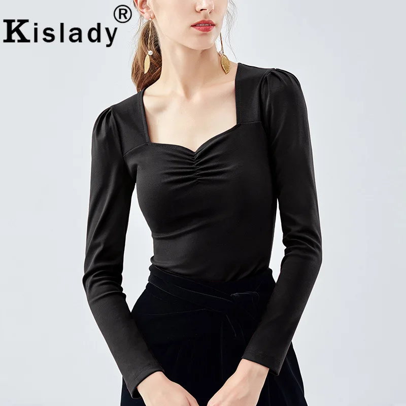 Kislady, Модный женский плиссированный сексуальный топ с квадратным воротником для весны и осени, Harajuku, элегантная тонкая Корейская рубашка, готический стиль, большие размеры