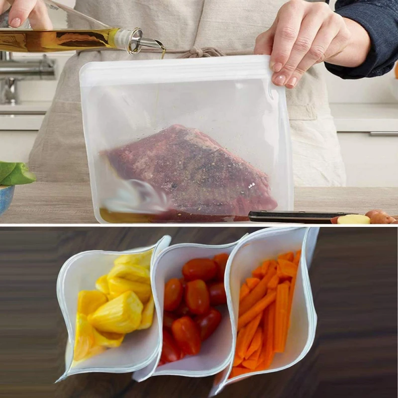 

Food Storage Bag Reusable Freezer Bag PEVA Ziplock Frosted Food Grade Bag Leakproof Top Zero Waste Kitchen Organizer