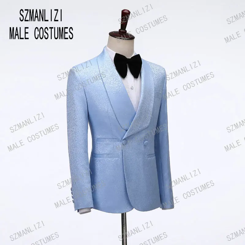 Костюм Homme Slim Fit Светло-голубой цветочный двубортный мужской костюм с брюками смокинг для выпускного вечерние костюмы для мужчин Свадебный костюм жениха
