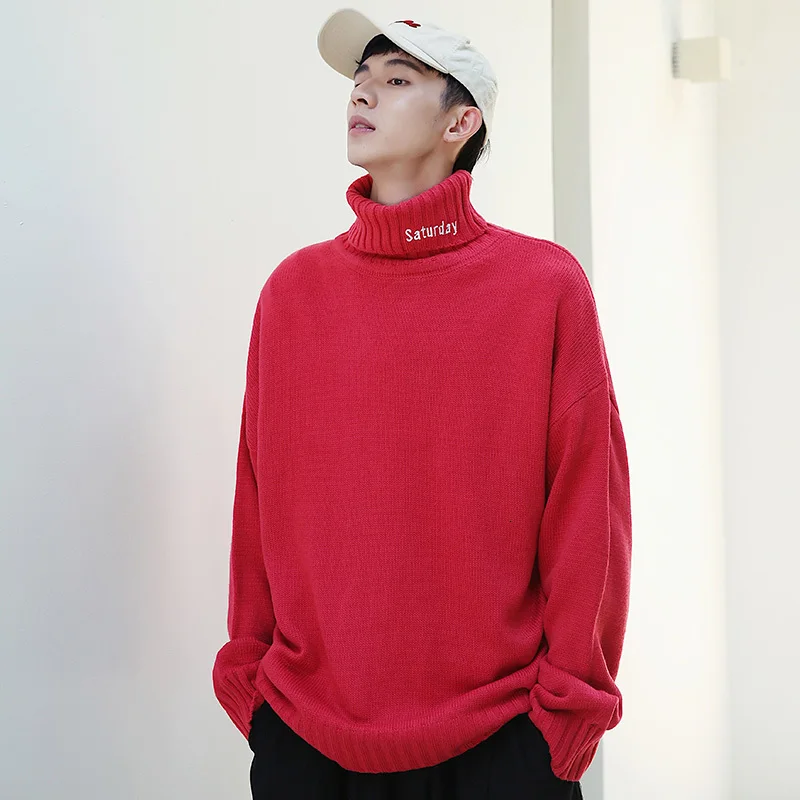 Winter Turtleneck Sweater Men's Warm Fashion Solid Color Casual Knit Pullover Man Streetwear Wild Loose Long Sleeve Sweater - Цвет: red
