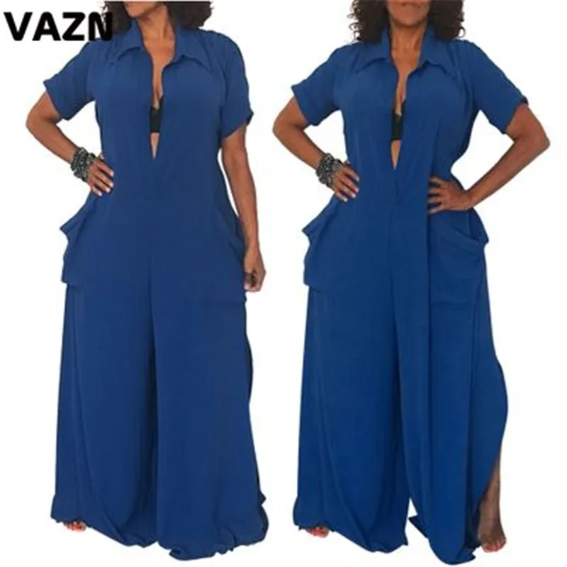 VAZN SMR9399 Blue Sexy Beach Popular Style Jumpsuits V-Neck Loose Wide Leg Pants Bandage Lady Maxi Solid Chiffon Romper