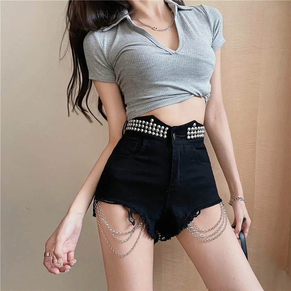 

Summer Sexy Hot Shorts Jeans Chain Cargo Pants Heavy Work Rivet Chain Hair Edge High-waisted Denim Shorts Women Short Jeans