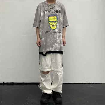 

2020 Men Hip Hop T Shirt Tie Dye Devil Print Oversize T-Shirt Streetwear HipHop Loose Tshirt Summer Short Sleeve Tops Tee Cotton