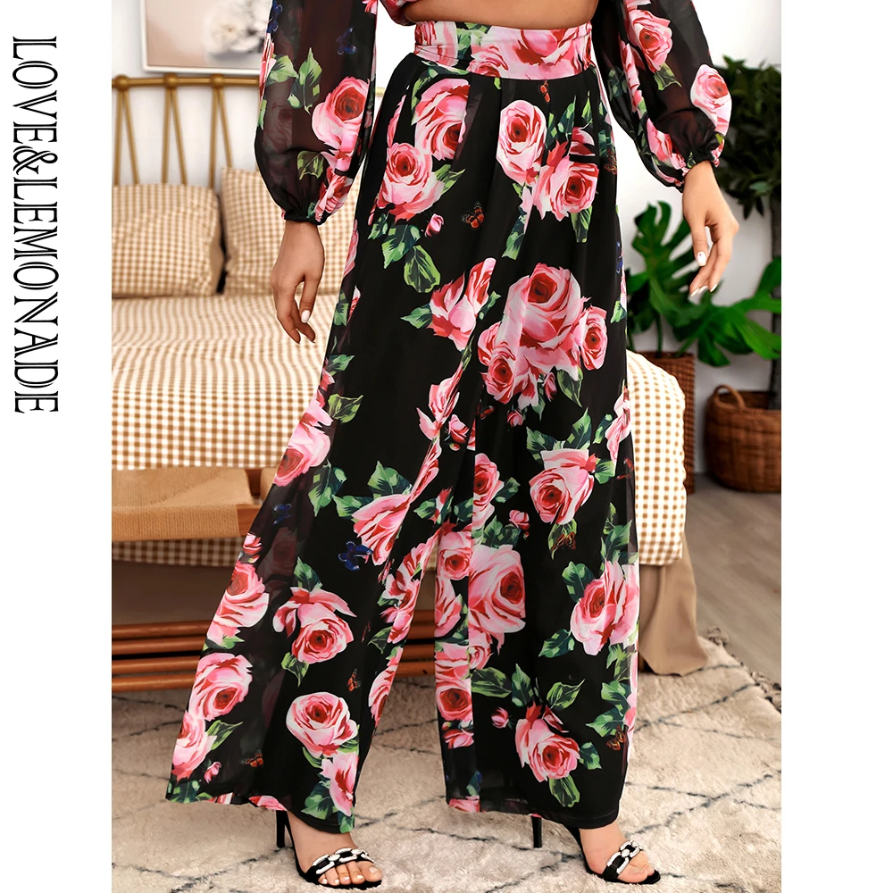 

LOVEï¼†LEMONADE High Waist Black Floral Print Chiffon Wide-Leg Pants LM81498B