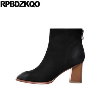 

shoes square toe handmade high heel booties fall block brand women winter boots genuine leather chunky warm autumn fur black