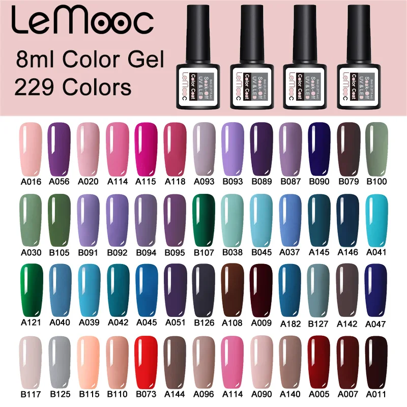 

LEMOOC 8ml Nail Polish Gel 229 Pure Colors Soak Off Semi Permanant UV Varnish Nail Art DIY Lacquer Decoration For Manicure
