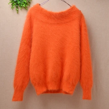 

Market fashion women ladies regular slim long sleeves Mink Cashmere knitted fuzzy hair soft warm rabbit fur sweater pullover