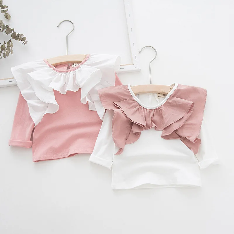 

Autumn New Baby Girls T Shirt Cotton Long Sleeve Ruffles Princess Party T-shirt Tops Kids White Pink Clothes Roupas De Bebe