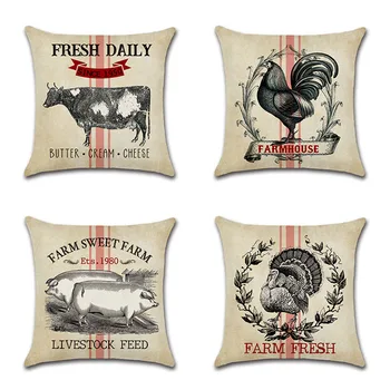

Vintage Farm Animals Cow Chicken Pig Rooster Linen Throw Pillow Case Sweet Farmhouse Sofa Room kitchen Decorative Cushion Cover