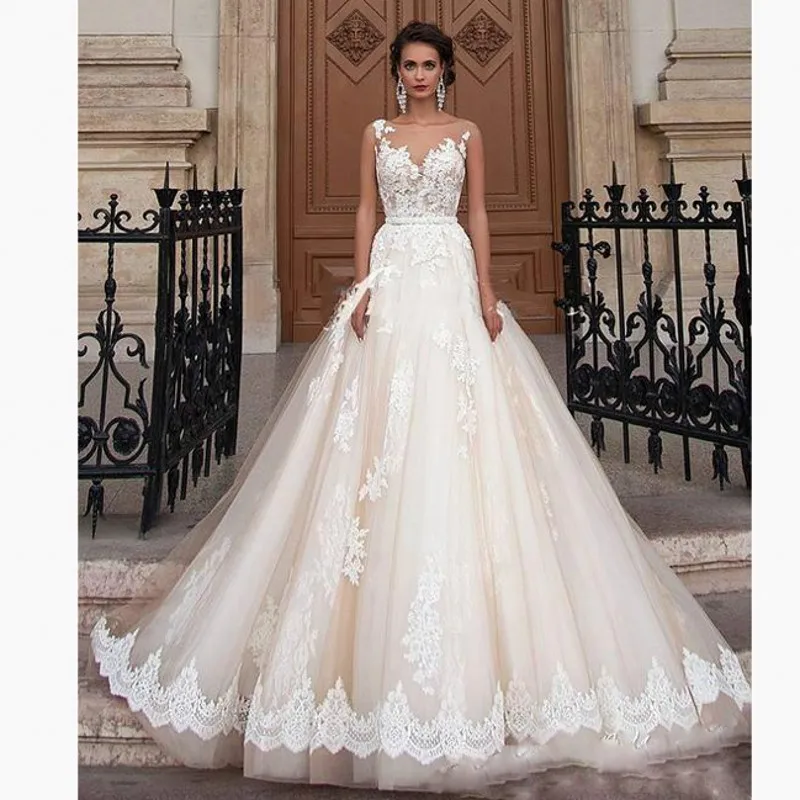 Vestido de noiva бежевые Свадебные платья robe de mariee изготовленный на формальный заказ кружева Abendkleid Элегантное свадебное платье из тюля длинное - Цвет: same as pic