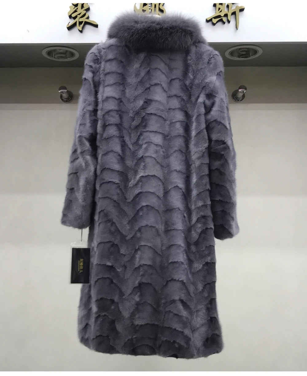 New Fashion Women Winter Handmade Real Mink Fur Coats Lady Thick Warm Long Natural Mink Fur Overcoats With Fox Fur Collar Coat