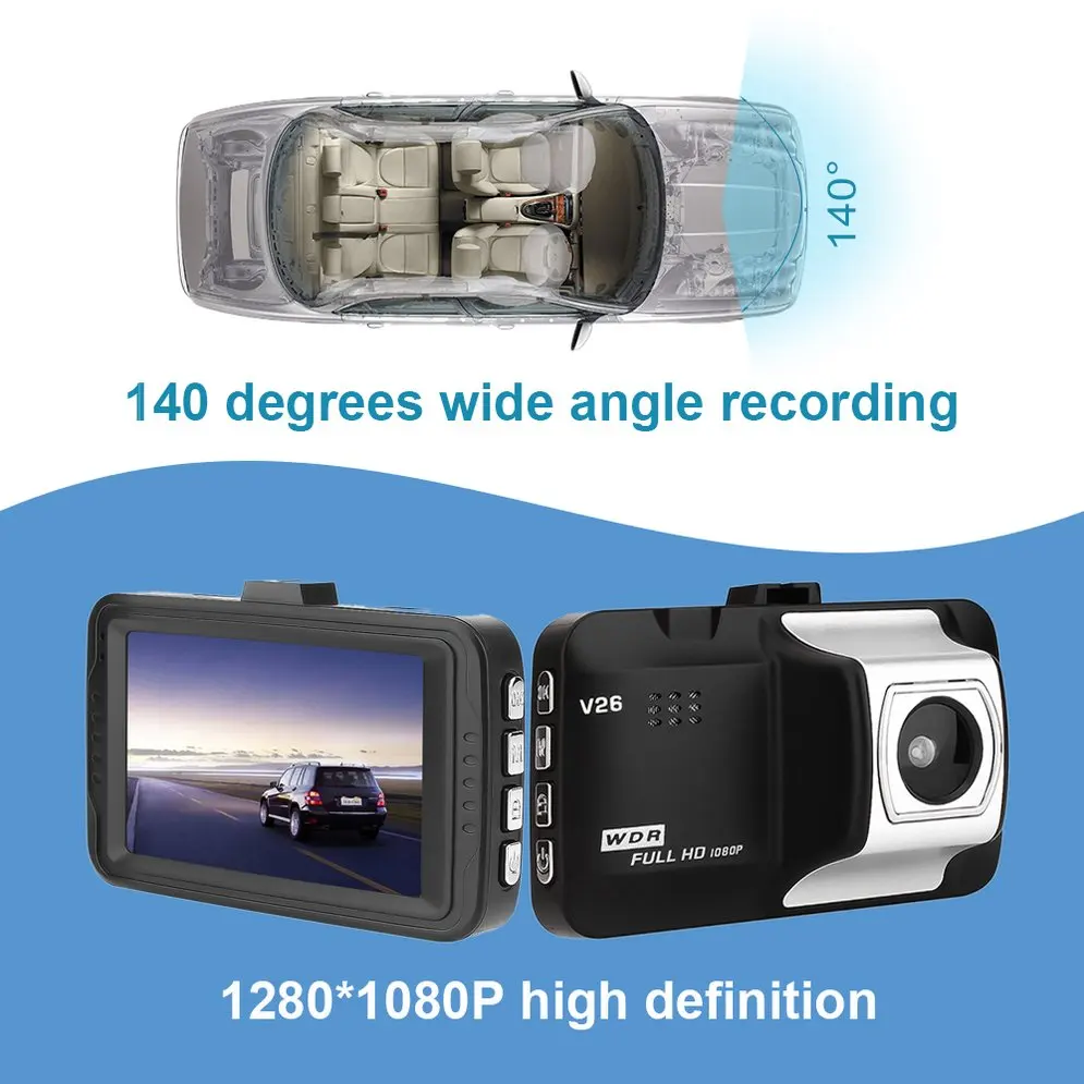 Автомобильный видеорегистратор V26 с одним объективом 1080P HD 5MP, дисплей 3,0 дюйма, широкоугольный объектив 140 градусов, автомобильный видеорегистратор