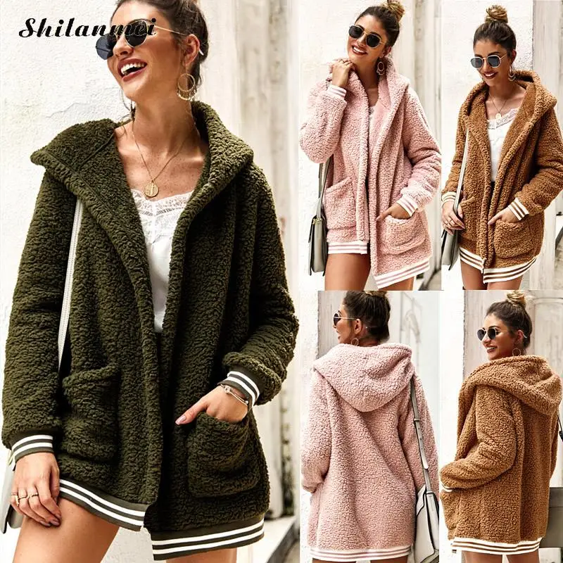 Женское флисовое пальто с капюшоном Стильная розовая Chaqueta Mujer Высокая мода женское меховое пальто свободная верхняя одежда осенне-зимнее плюшевое пальто
