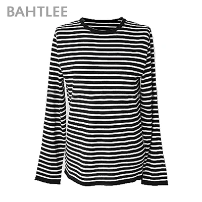 Black and white BAHTLEE, женские шерстяные пуловеры, черный, белый, полосатый свитер, Осень-зима, вязаный джемпер, длинный рукав, Круглый ворот, свободный стиль - Цвет: Black and white