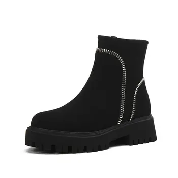 

Cow Suede Leather Shoes Woman Platform Med Heels Boots Boots 2020 Autumn Winter Concise Party Working Ankle Boots