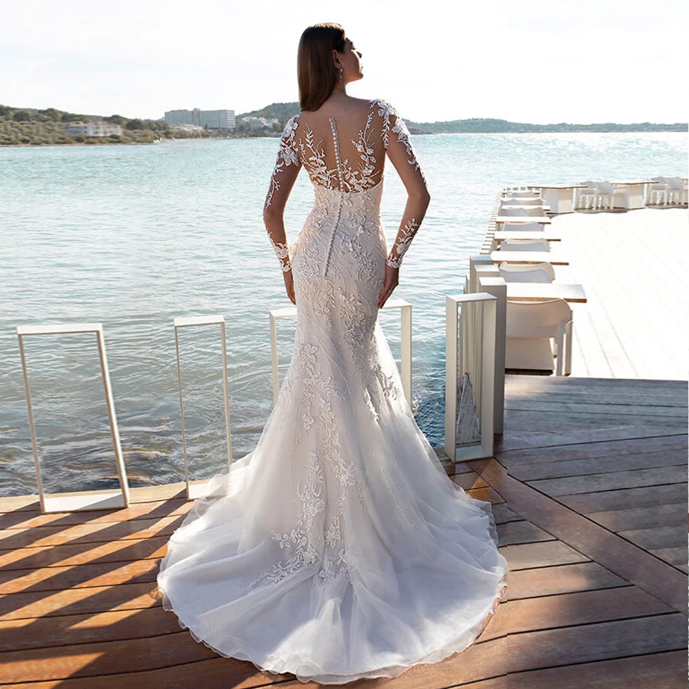 Trouwjurk, свадебное платье с длинным рукавом,, иллюзия, сзади, винтажное, Vestido de Novia, цвета слоновой кости, тюль, роскошное, Abiti da Sposa, свадебное платье
