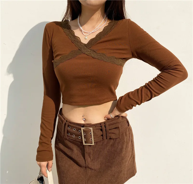 New Women's V-neck Lace Trim Knitted Top Long Sleeve Pure Color Slim Short T-shirt Sexy Undershirt Ladies Street Wear