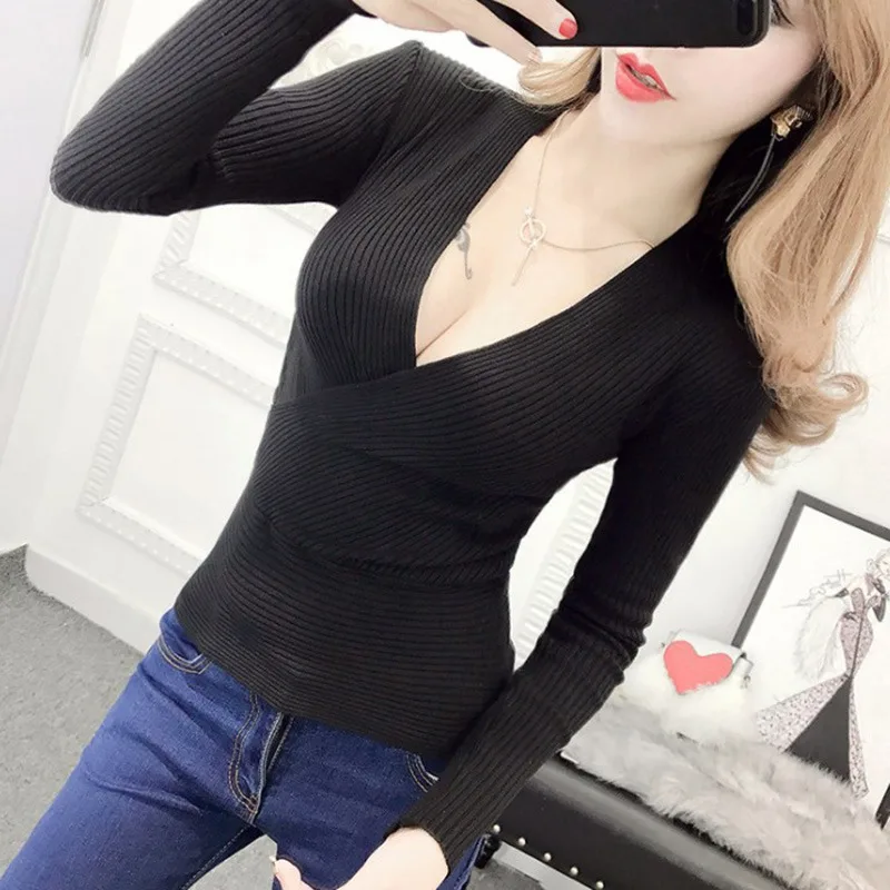 

Autumn Long Sleeve Sweater Sexy Cross V Neck Knitted Sweater Women Sweaters Fashion Pullovers NS