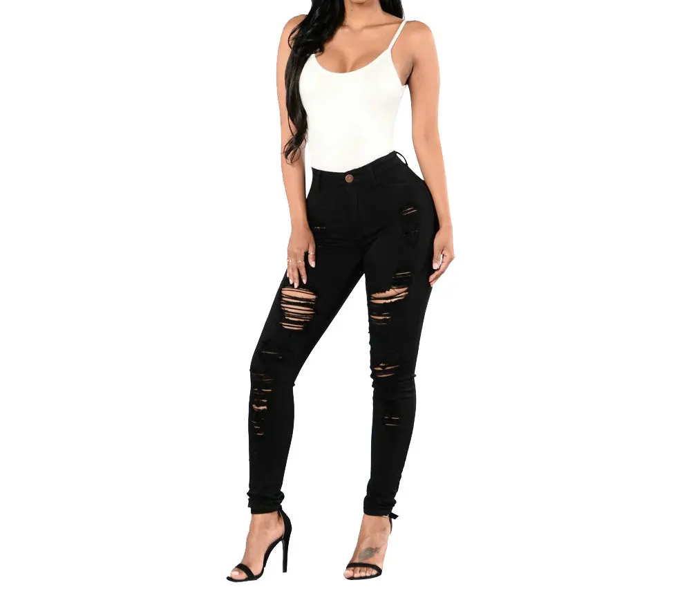 Europe and America washed holes slim jeans multi-color feet pants trend high-elastic pencil pants mother loaded trousers
