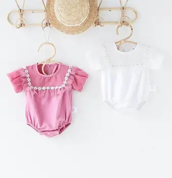 

Infant Toddler Baby Girls Puff Sleeve Romper Summer Cotton Baby Pink White Color Jumpsuits 6-24 Month