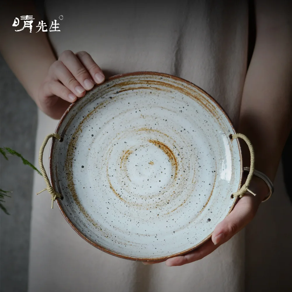 

Japanese Originality Tableware Compote Manual Coarse Pottery Plate Household Do Used Hemp Rope Round Tray Dish Soup