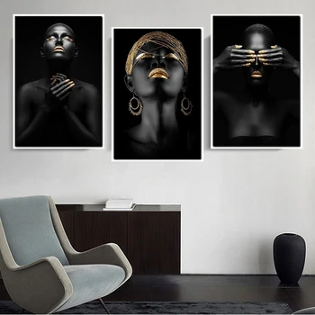 

3Pcs Canvas Painting Africa Black Girl Golden Makeup Posters Artwork Nordic Home Wall Decor Living Room Pictures 30X40cm
