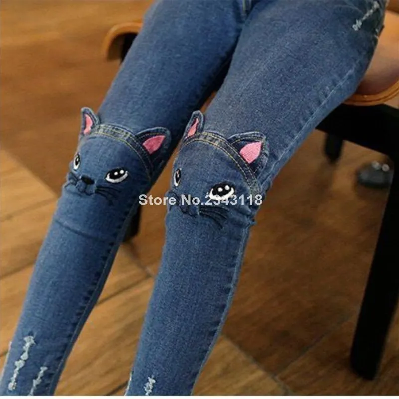 

Girls Jeans Spring Autumn Children's Wear Kids Cartoon Cat Embroidery Jeans Pencil Pants Jeans Baby Girl Kids Jeans 2-10 Ages