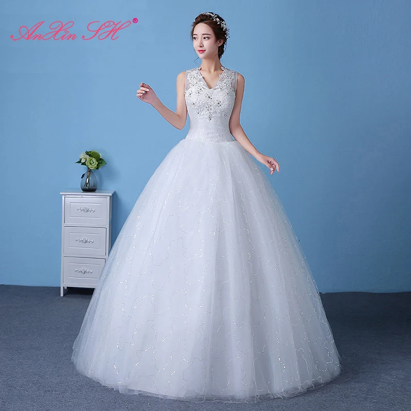 

AnXin SH Korean luxury princess flower lace white wedding dress vintage v neck beading crystal party red lace wedding dress