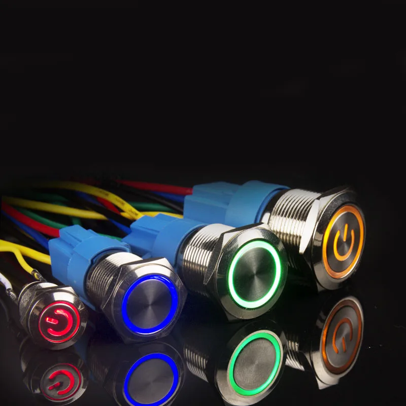 Push button switch 1pcs 12/16/19/22mm Waterproof Metal Push Button Switch LED Light Momentary Latching Car Engine Power Switch 6/12/220V Red Blue