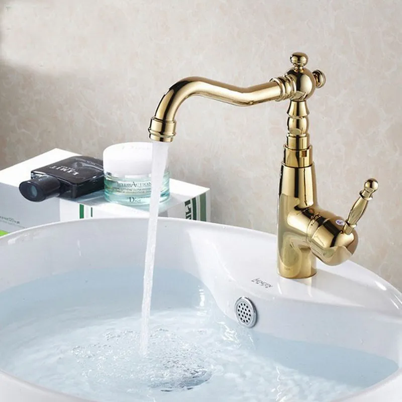 

Luxury Polished Gold Color Brass Single Handle Swivel Spout Kitchen Sink Bathroom Basin Faucet Cold & Hot Mixer Tap agf005