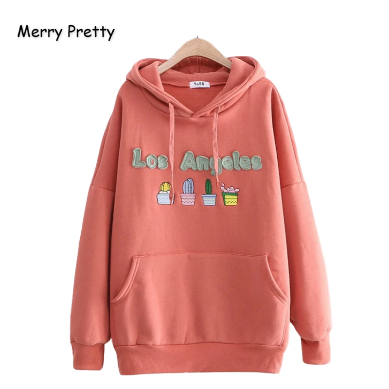 Merry Pretty, Хлопковые женские толстовки с капюшоном и вышитыми кактусами из мультфильма,, зимний спортивный костюм с капюшоном и длинным рукавом, пуловеры