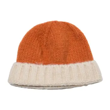 

Adult Teens Winter Ribbed Knitted Faux Wool Beanie Cap Contrast Color Splicing Warm Soft Thick Vintage Student Cuffed Melon Hat