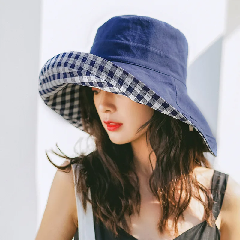 

version of double-sided plaid fisherman hat female summer cotton and hemp big eaves basin cap 100 Japanese sunshade sun cap