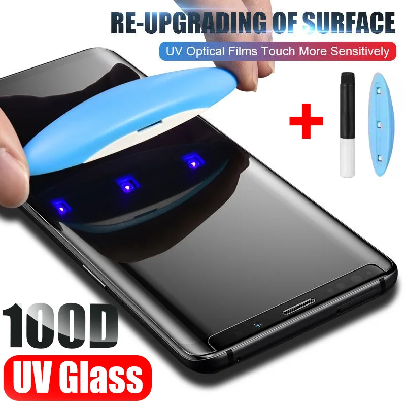 

UV Tempered Glass For SamsungNote8 9 10 Plus Screen Protector Full Cover Liquid Glue Film 100D For galaxyS20 S10E S9 S8 S7Edge
