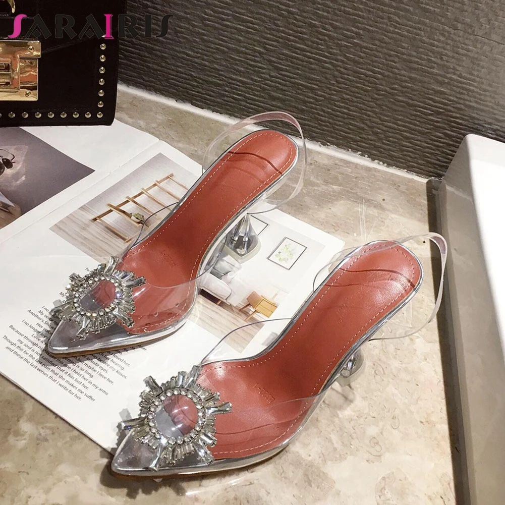 

SARAIRIS New INS Hot Female Fashion Metal Decoration Clear High Heels Sandals Party Sexy Sandals Women Gladiator Shoes Woman