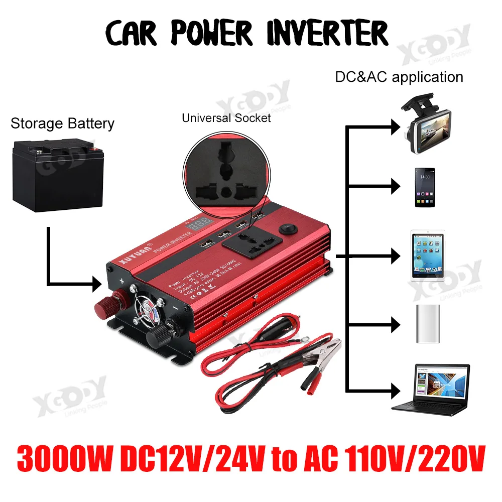 US $35.36 Essgoo 3000w Watt Dc 12v24v To Ac 110v220v Car Inverter Charger Power Converter Adapter Modified Sine Wave Eu Socket 4pcs Usb