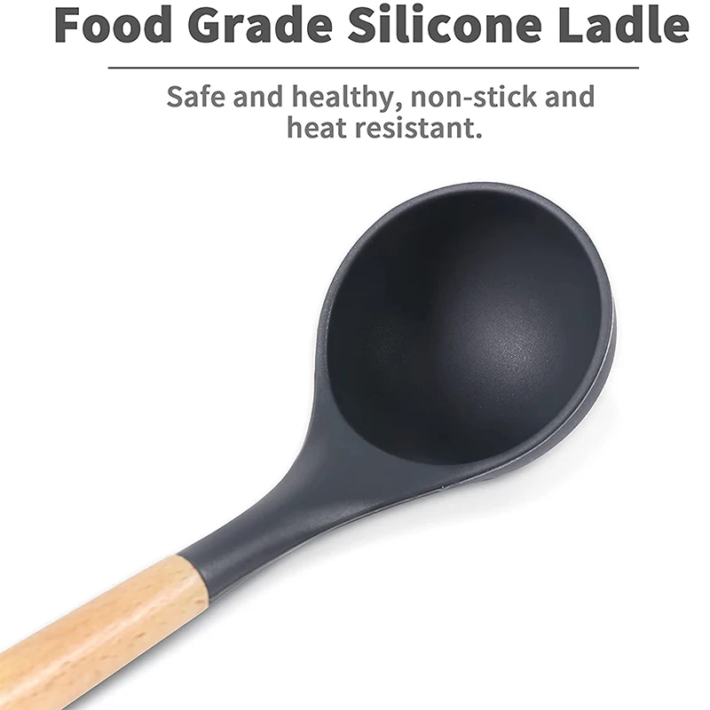 Nonstick Silicone Ladle Soup Spoon With Wooden Handle Heat Resistant Porridge Spoon Rice Ladle Soup Cooking Mixing Serving Spoon