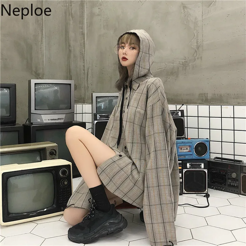 Neploe осенние новинки свободные блузки с капюшоном женские ретро Harajuku стиль плед Blusas простая дикая рубашка для студента 45837