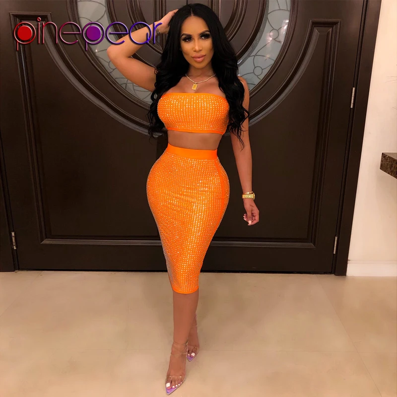 

PinePear High Quality Orange Diamond Dress Plus Size Rhinestone 2 Piece Set Women Two Piece Outfits Summer 2020 Drop Shipping