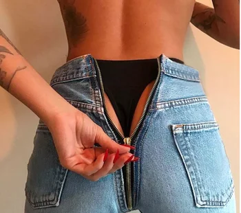 

Womens Denim Zip Open Back Distressed High Waist Skinny Jeans Trousers Pants